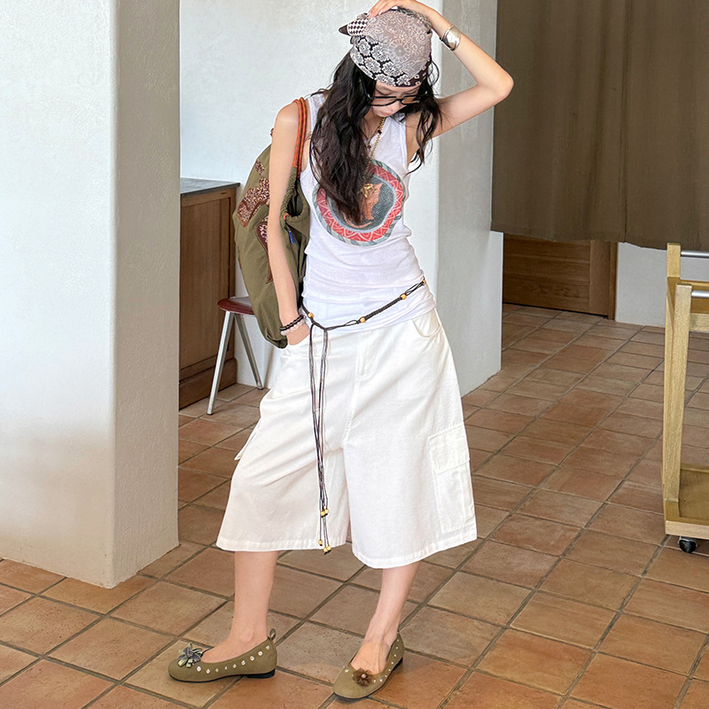 MMFISH pantalones cortos de bolsillo grande de la calle de moda, pantalones rectos, holgados, de cintura baja, piernas anchas, un mono 25K261