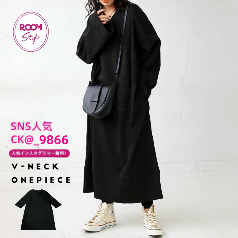 Cross-border 2025 Korean Spring and Autumn New V-neck Double Pocket Side Split dress Women's Loose Slim Dress Women