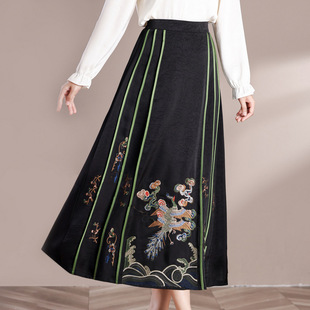 Fashion Printed Elastic High-Waisted Skirt Chinese Style A-Line Skirt Summer Slim Versatile Long Skirt Mamian Skirt