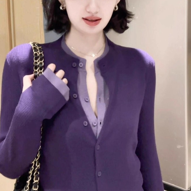 高JI感紫色假两件针织开衫外套女早秋撞色拼接毛衣外穿气质小上衣|undefined