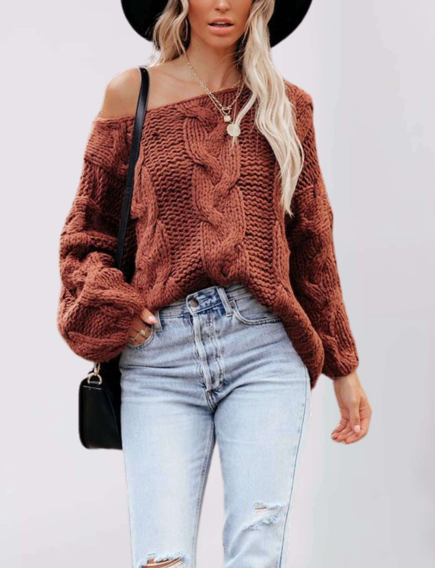 Suéter Holgado de Punto con Hombros Descubiertos y Estilo Urbano Europeo y Americano, Nuevo en Amazon para Otoño/Invierno 2025, Talla Grande para Mujer