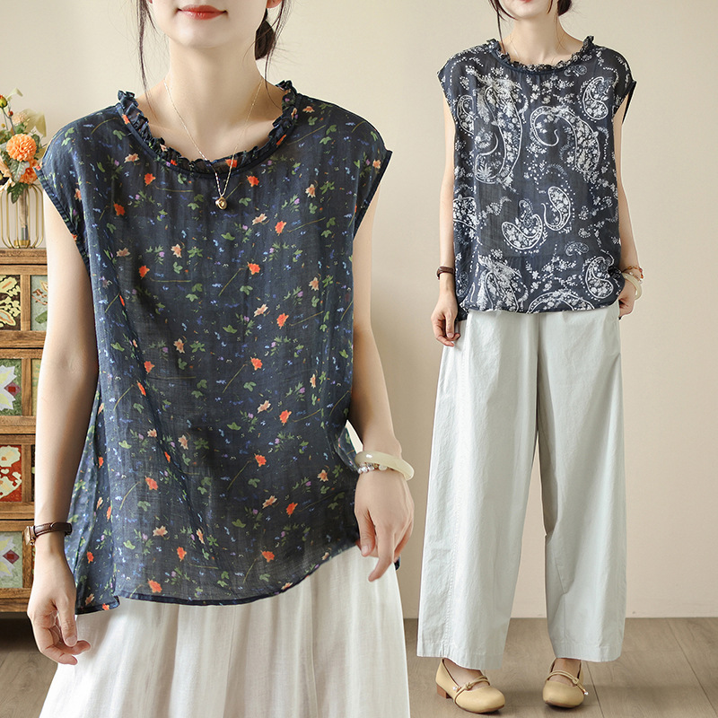 Cotton and Linen Printed Ruffle Collar Sleeveless Blouse with Back Buttons, Loose and Versatile Retro Artistic Top for Women