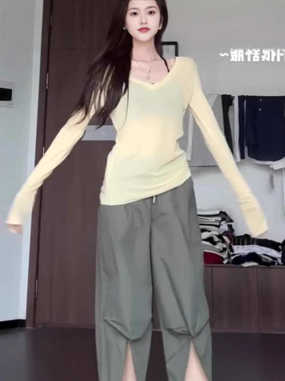 黄色薄款休闲V领长袖t恤女春夏季辣妹小众修身显瘦防晒罩衫上衣女|undefined