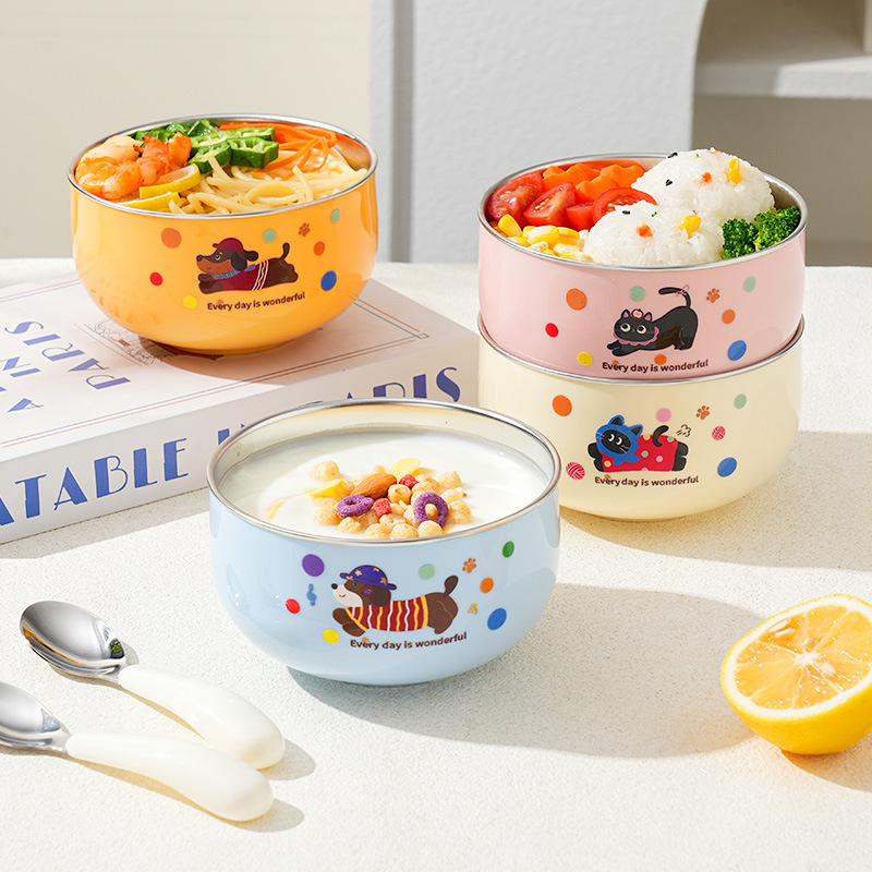 食品グレード 316 ステンレス鋼ボウル子供用かわいいドーパミン二重層火傷防止家庭用ベビーフードボウル食器付き|undefined