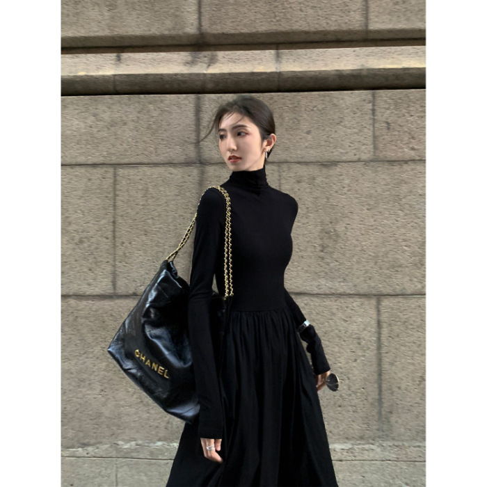 针织鱼尾连衣裙女秋冬长款赫本风小黑裙修身内搭打底毛衣裙|undefined