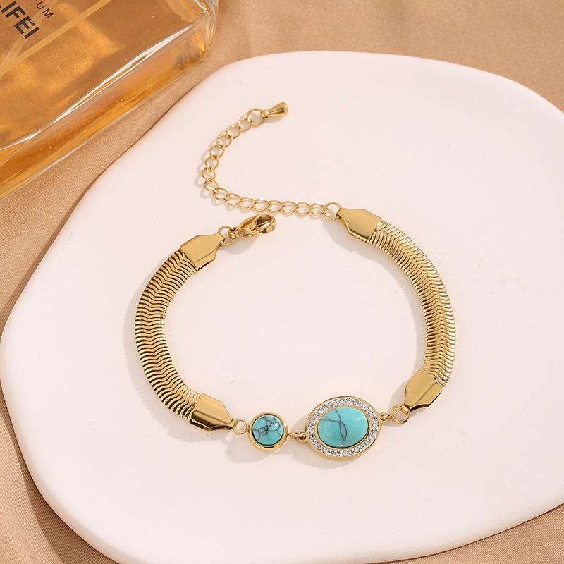 Pulsera de acero de titanio de estilo europeo y americano turquesa con diamantes incrustados ronda ovalada Árbol de la vida ojos amplia serpiente hueso redondo marca serie pulsera