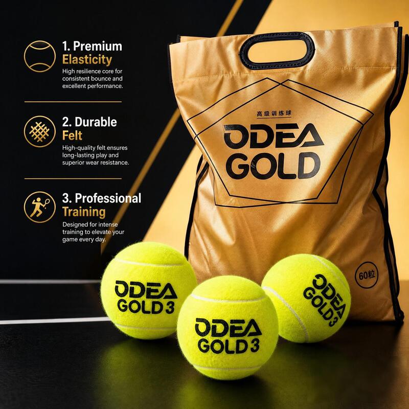 Odea Tennis Gold Training Balls, High Elasticity and Durable, Dd3 Pressure-Free Regular Pressure Bulk Tennis Balls, 60 Pieces in a Bag Odea Tennis Gold Training Balls, High Elasticity and Durable, Dd3 Pressure-Free Regular Pressure Bulk Tennis Balls, 60 Pieces in a Bag