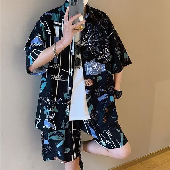 하와이안 플라워 셔츠 남성용 반팔 여름 루즈 트렌디 반팔 반바지 산야 해변 투피스 비치 슈트