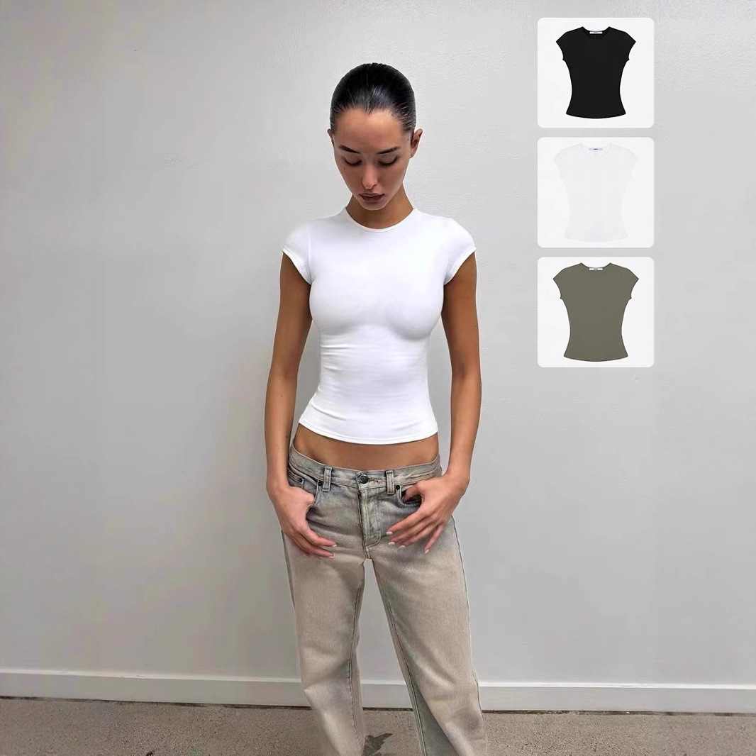 In-Stock Spicy Girl Skin-Friendly Tank Top with a Naked Feel, Stretchy Slim-Fit Fitness Top with Structured Shoulders and Small Flutter Sleeves for a Sporty and Slimming Look