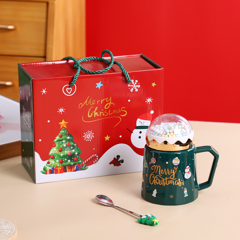 Large-capacity ceramic cup with viewing lid Christmas gift box set with lid spoon mug water cup gift souvenir printing