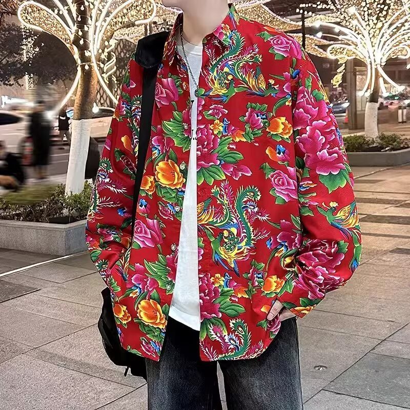 National fashion northeast big flower shirt men's red peony online popular rural festive early spring new long sleeve shirt plus size