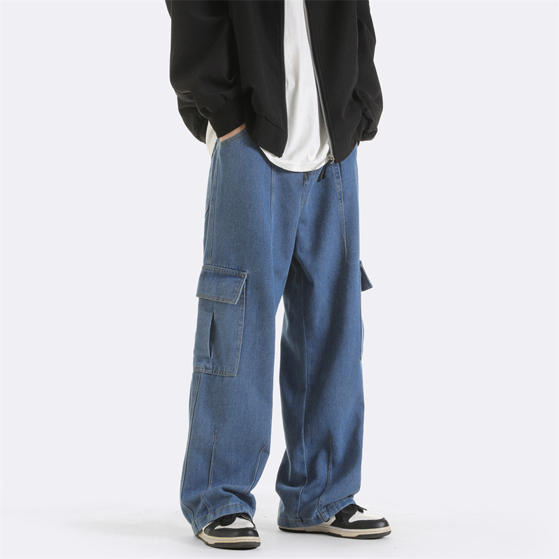 Loose plus size straight casual pants men's autumn new Hong Kong style retro overalls simple draping wide leg jeans Loose plus size straight casual pants men's autumn new Hong Kong style retro overalls simple draping wide leg jeans