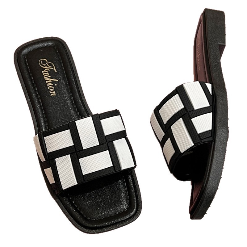 Zapatillas de primavera y verano de moda simple cuadrada cuadrada red de tendencia roja de playa zapatillas frías antideslizantes fondo suave
