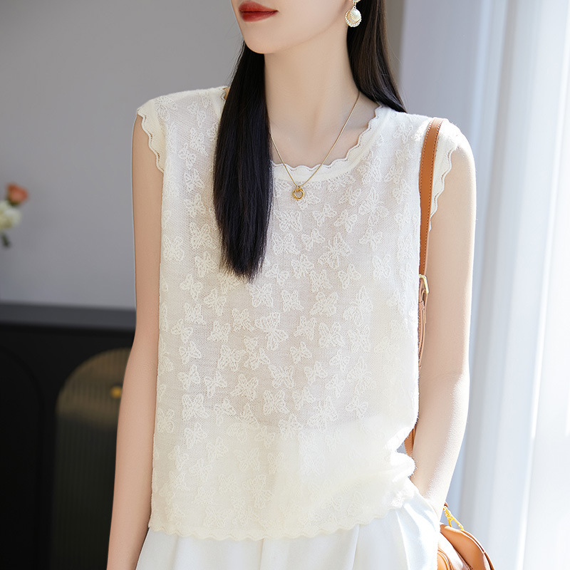 [Factory direct supply] solid color jacquard round neck Tencel sleeveless vest T-shirt loose short ice silk sweater for women