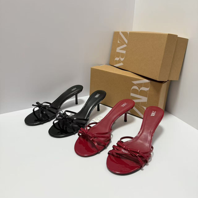 Za2025 New Summer Style French Red Elegant Elegant Thin Strap Bow Stiletto Patent Leather Open-Toe Sandals