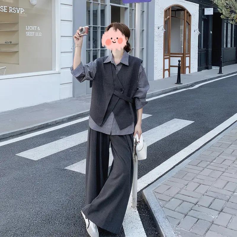 2025早秋新款韩系设计感不规则马甲条纹衬衫宽松阔腿长裤三件套装|undefined