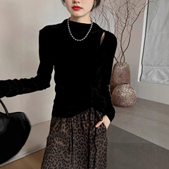设计感小众抽绳收腰丝绒上衣女2025秋季新款露肩镂空打底衫T恤潮