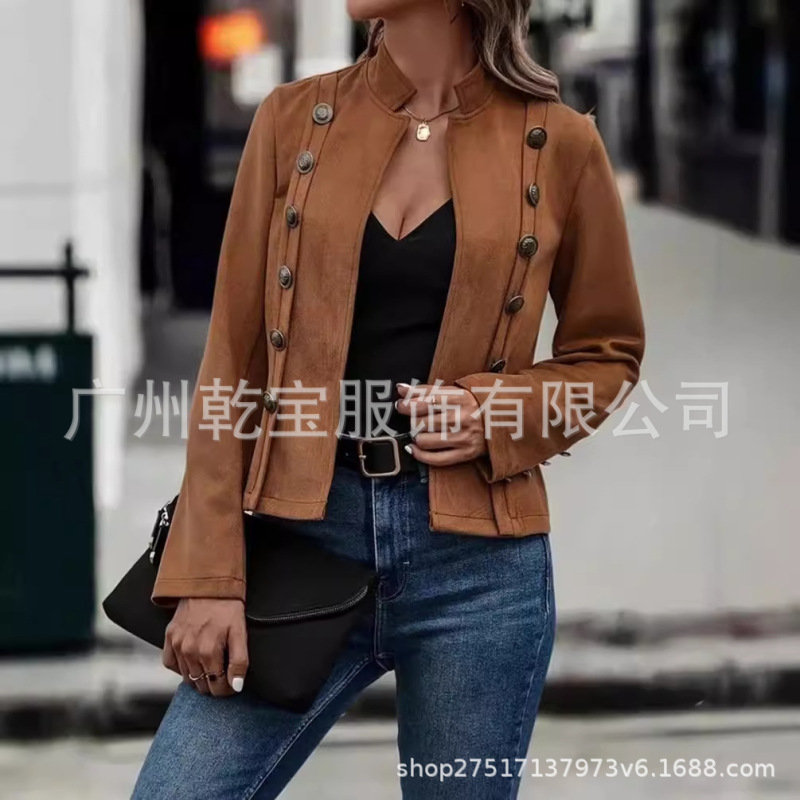 2025欧美跨境外贸纯色双排扣装饰夹克新款鹿皮绒复古长袖外套现货|undefined