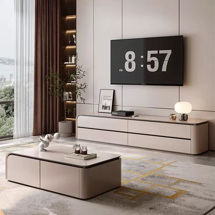 意式极简电视柜茶几组合客厅家用小户型现代简约高级感实木落地柜