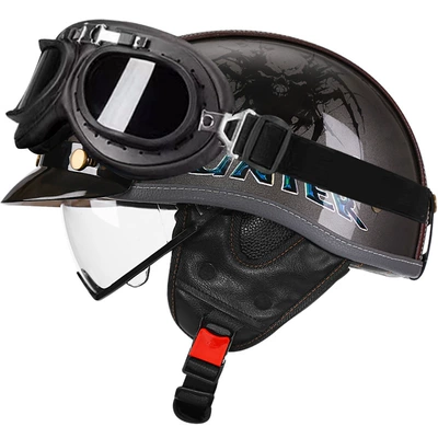 Motosiklet kaskı (dəbilqə) — Retro Motorcycle Helmet Leather Helmet for - bright-gray-demon-hunter-transparent-black-frame-mirror-m