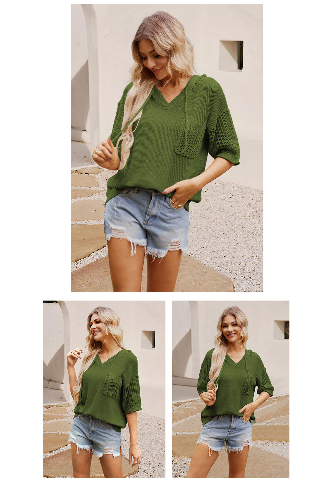 Sudadera con capucha mujer de punto cuello en v manga corta_voghion.com