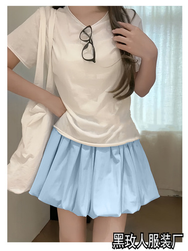 Blue flower bud shorts, women's spring and autumn high-waist a-line fluffy skirt, small anti-exposure casual all-match skirt