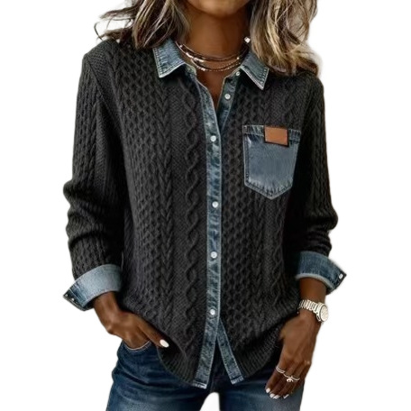 Damen-Hemdjacke aus Strick-Denim-Hybrid – Oversized-Langarmjacke mit Knopfleiste und Patchwork-Design, lässiges Layering-Teil für Herbst/Winter_voghion.com