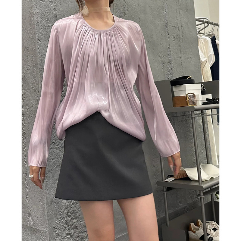 Niche Light Luxury Light-sensitive Pleated Split Hanging Loose T-shirt Summer Western Style Casual Slimming Sunscreen Top Niche Light Luxury Light-sensitive Pleated Split Hanging Loose T-shirt Summer Western Style Casual Slimming Sunscreen Top