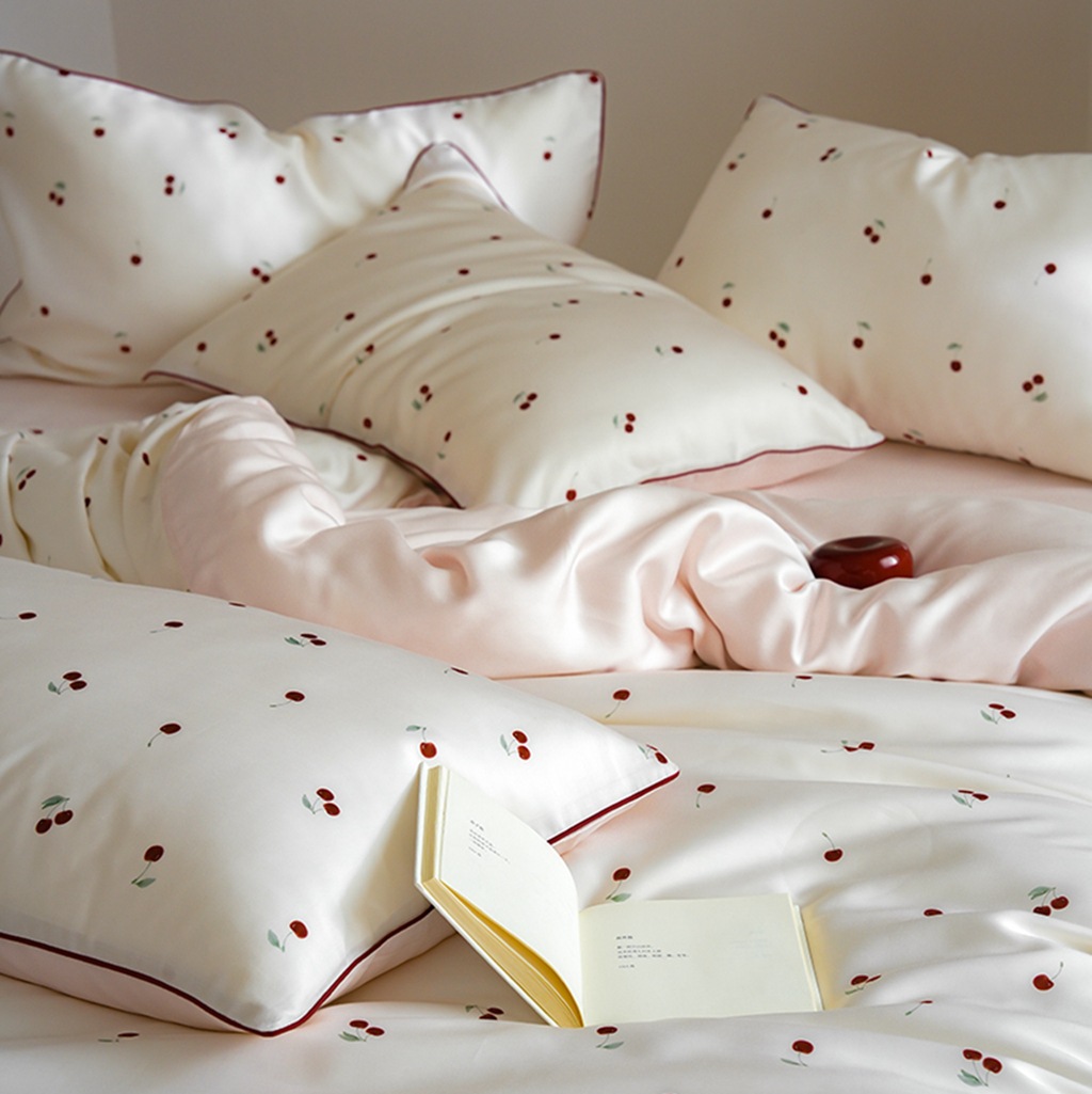 Austrian Lenzing Tencel Sheet Set For Girls Cherry Print Ice Silk_voghion.com
