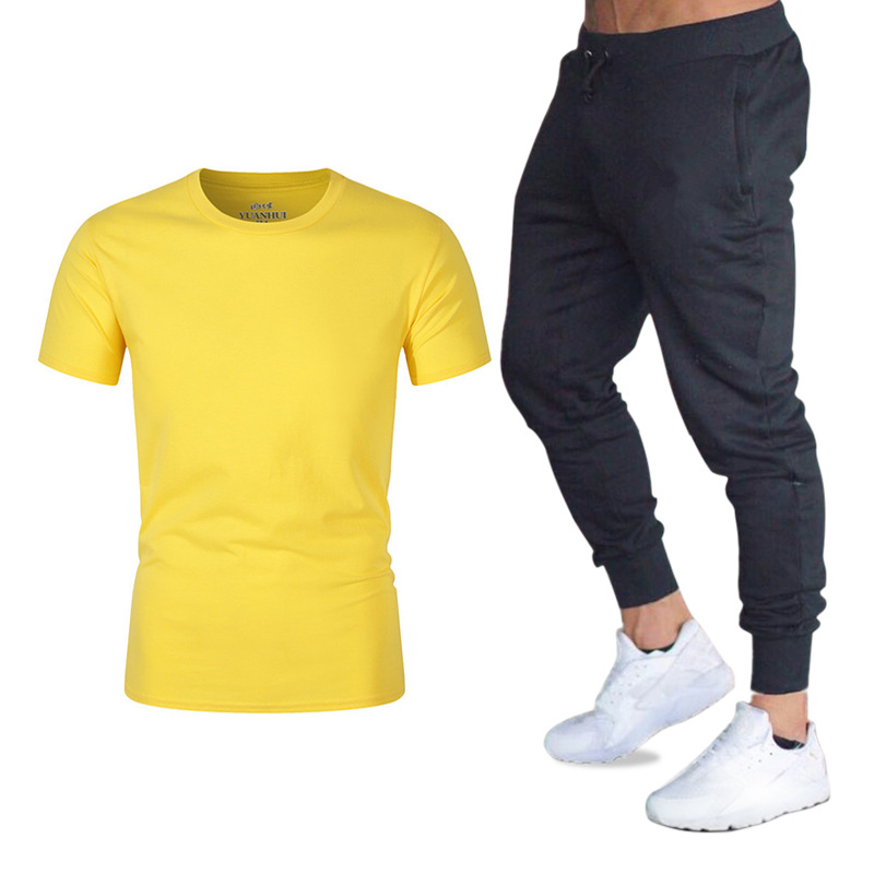 Traje de verano, ropa deportiva, conjunto de dos piezas de camiseta holgada de manga corta y pantalones largos para hombre, camiseta Gildan deportiva de moda