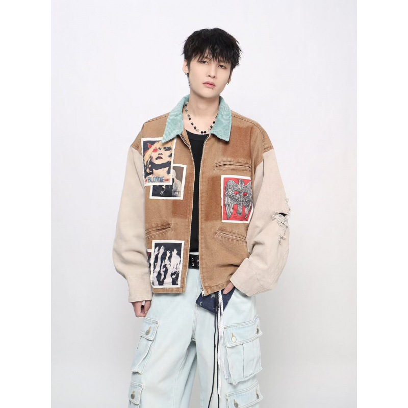 2026 Spring and Autumn New Punk Retro Patchwork Print Distressed Heavy-Duty Denim Jacket Unisex American Style Jacket