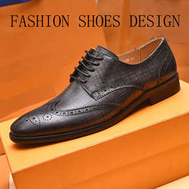 正装皮鞋男鞋真皮平底系带尖头时尚婚宴工作通勤2025春雕花布洛克