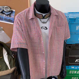 粉色泡泡纱格子衬衫短袖男夏季美式格纹防晒半袖高级感五分袖衬衣