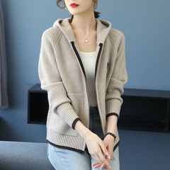 连帽拉链针织开衫女春秋2025年新款时尚宽松绣花短款加厚毛衣外套