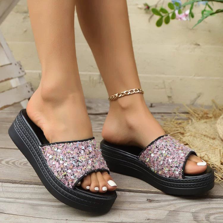 Летние блестящие тапочки на толстой подошве 2025 года, новые пляжные сандалии на платформе большого размера с открытым носком для женщин, оптом.
