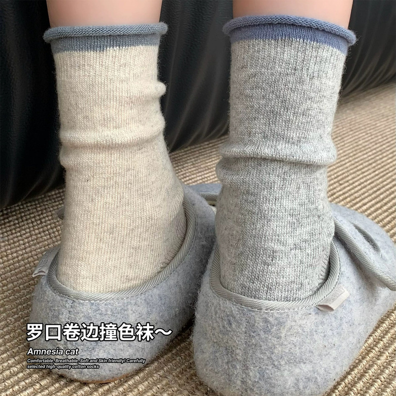 Rolled-edge gray wool socks for women, autumn and winter, pure cotton mid-calf socks, thickened and warm, long socks, Japanese-style winter slouch socks Rolled-edge gray wool socks for women, autumn and winter, pure cotton mid-calf socks, thickened and warm, long socks, Japanese-style winter slouch socks