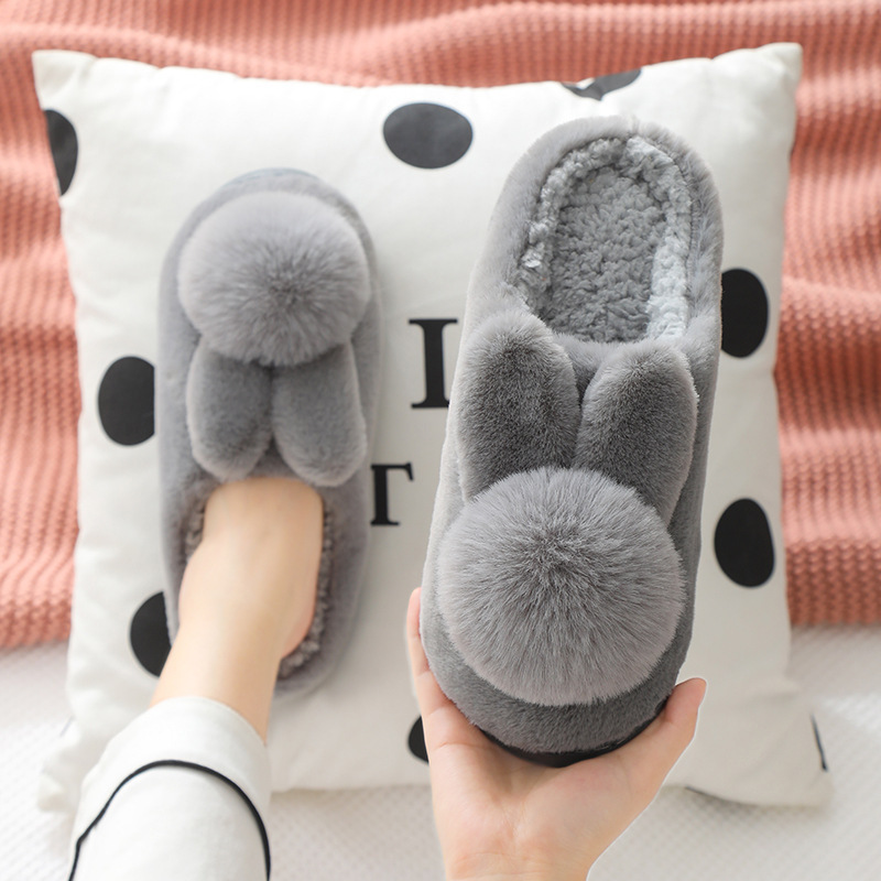 Cross-Border Amazon Pure Color Rabbit Fur Cotton Slippers for Women Ins Plush Slippers Export Basic Home Plush Slippers for Women