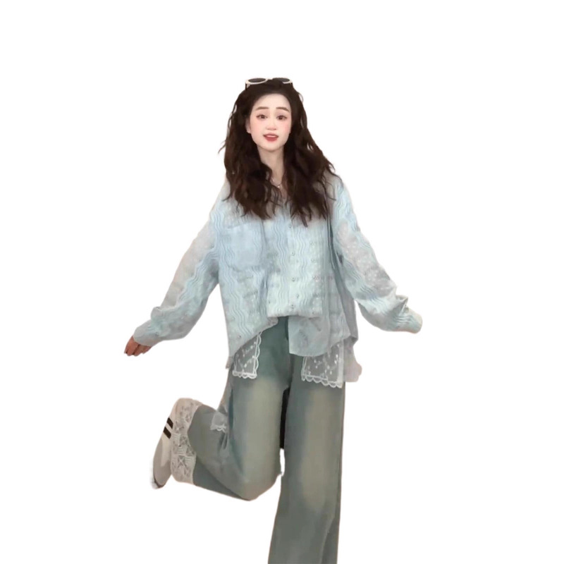 慵懒风蓝色钩花镂空连帽衬衫上衣女2025春夏独特别致长袖防晒开衫|undefined