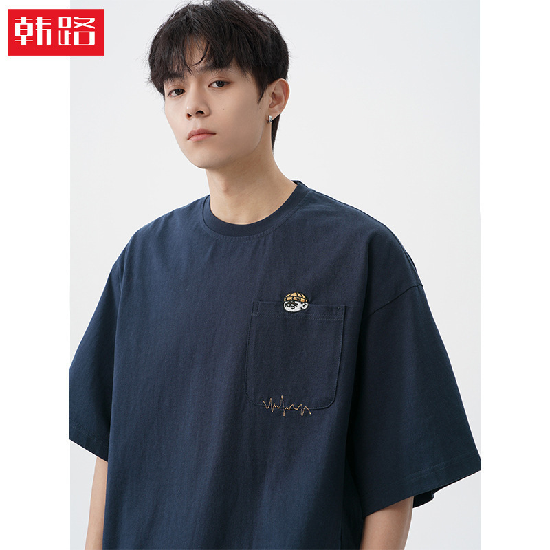 Japanese Retro Embroidery Design Pure Cotton Short-Sleeved T-Shirt for Men Spring and Summer New Style Loose Casual Couple Trendy Brand T-Shirt