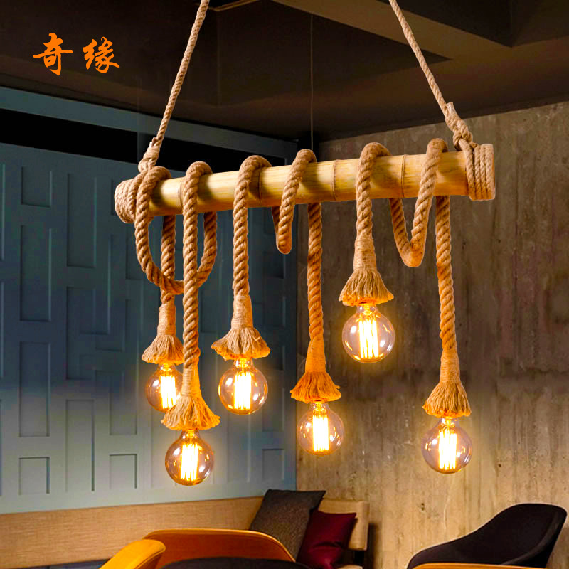 Bamboo tube hemp rope chandelier with rustic lines, suitable for restaurants, clothing stores, cafes, shop windows, wooden rope, and bar counters. Super bright.