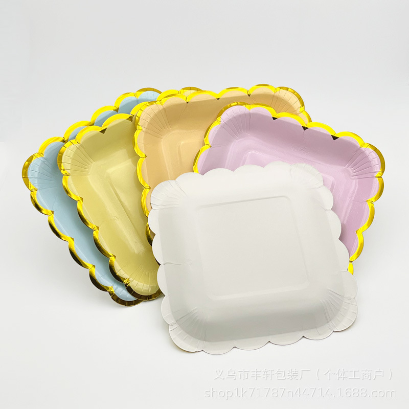 Transfronterizo estampado ondas desechable bandeja cuadrada macarón bandeja de papel bandeja de fiesta de cumpleaños para niños platos de pastel bandeja de frutas