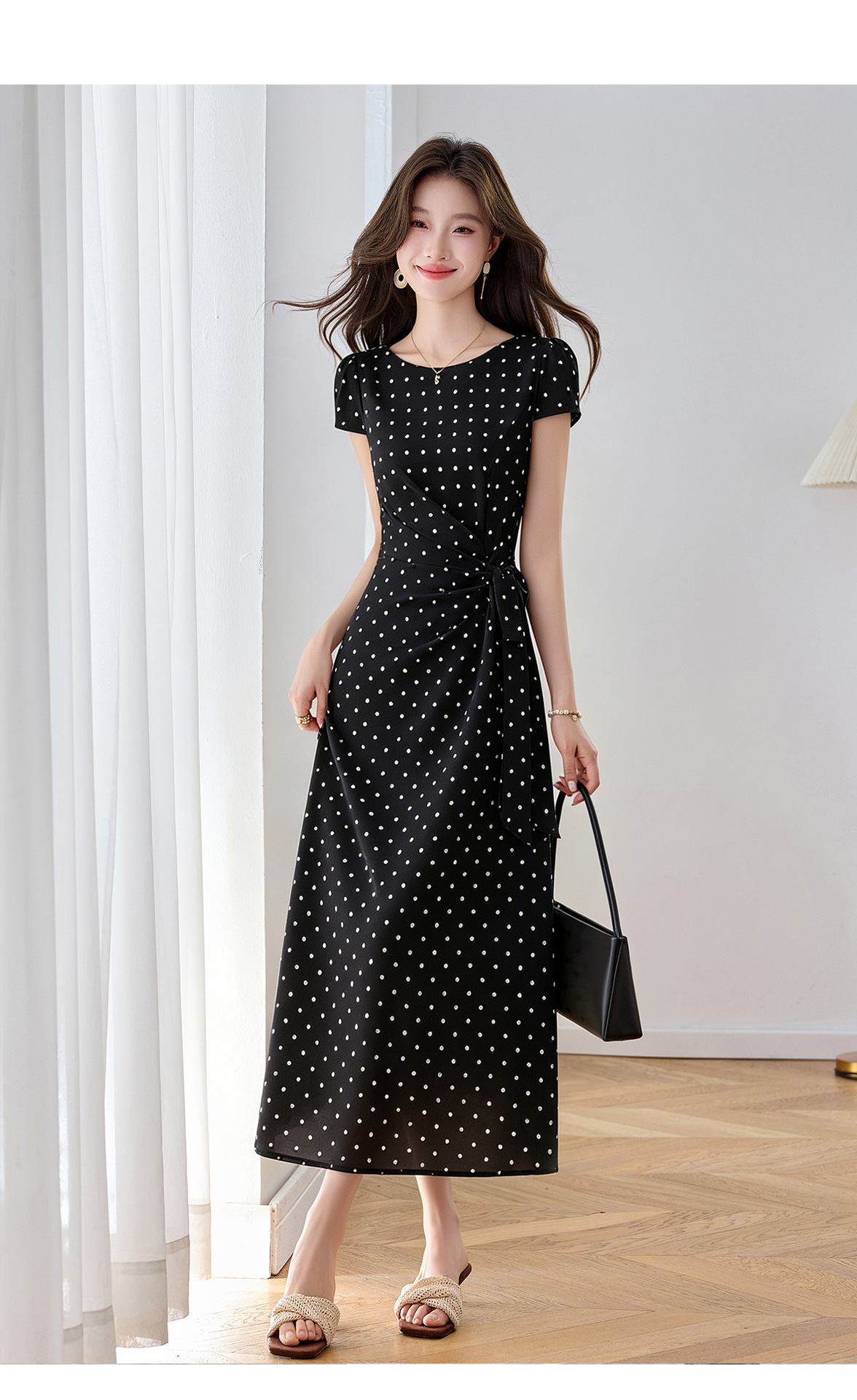 Đầm maxi nữ thắt eo tay ngắn họa tiết chấm bi phong cách nghỉ dưỡng — màu đen, màu trắng chi tiết 17