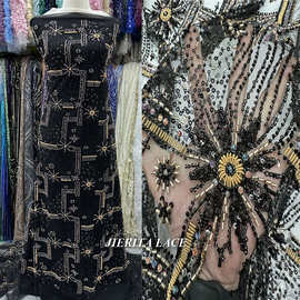 丈青色亮片秀sequins net lace重工亮片刺绣面料黑色小香风服装布