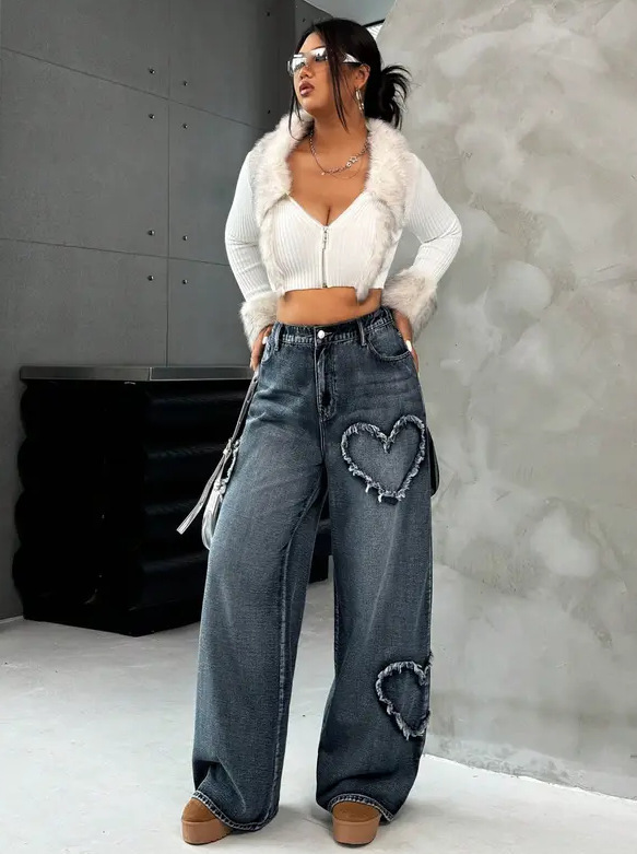 European And American Cross-Border Street Retro Heart Frayed Edge Patchwork Heavy Washed Denim Women's Loose Straight_ecoleips.com