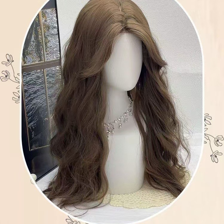 Cabello largo rizado marrón castaño gancho de mano de la frente encaje blanqueador sensación de atmósfera natural peluca A06