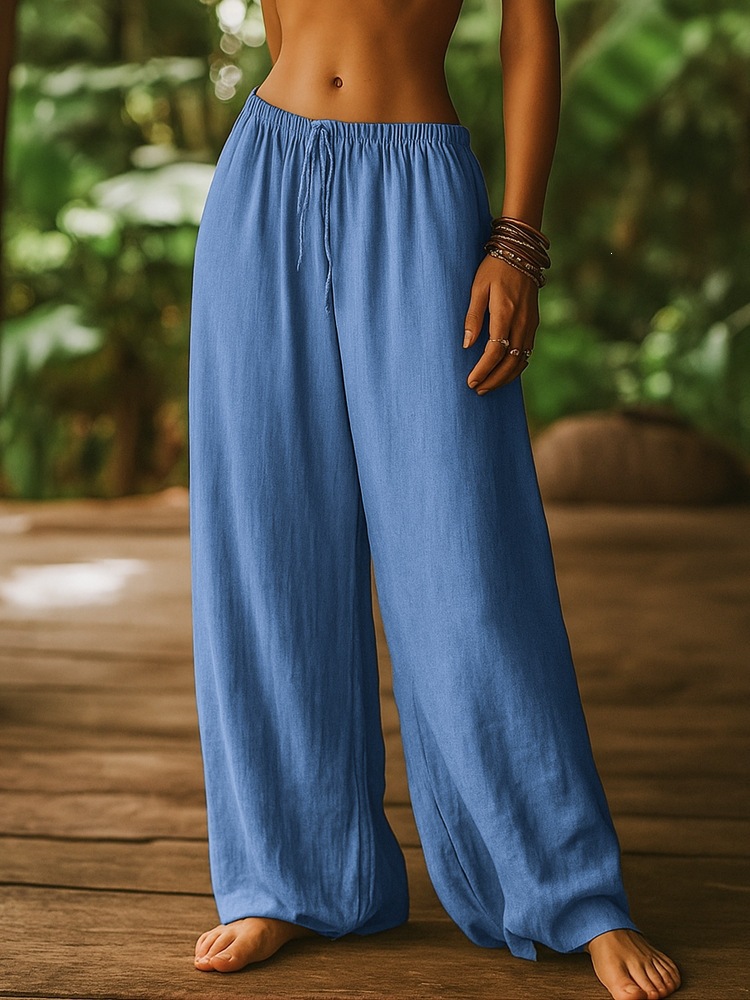 Women's Clothing Women's Cotton Linen Loose Straight Leg Pants With Elastic Waist And Pockets Solid Color Casual Bottoms_ecoleips.com