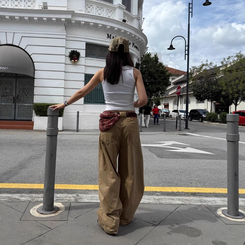预售美式复古弯刀裤男女新款设计感宽松水洗拼接裁剪休闲长裤|undefined