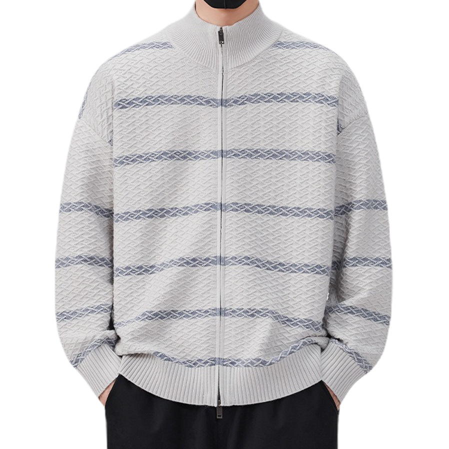 Explosiones transfronterizas de tamaño europeo de tamaño grande contraste a rayas cardigan jersey suéter texturizado hombre abrigo de cuello al por mayor fábrica