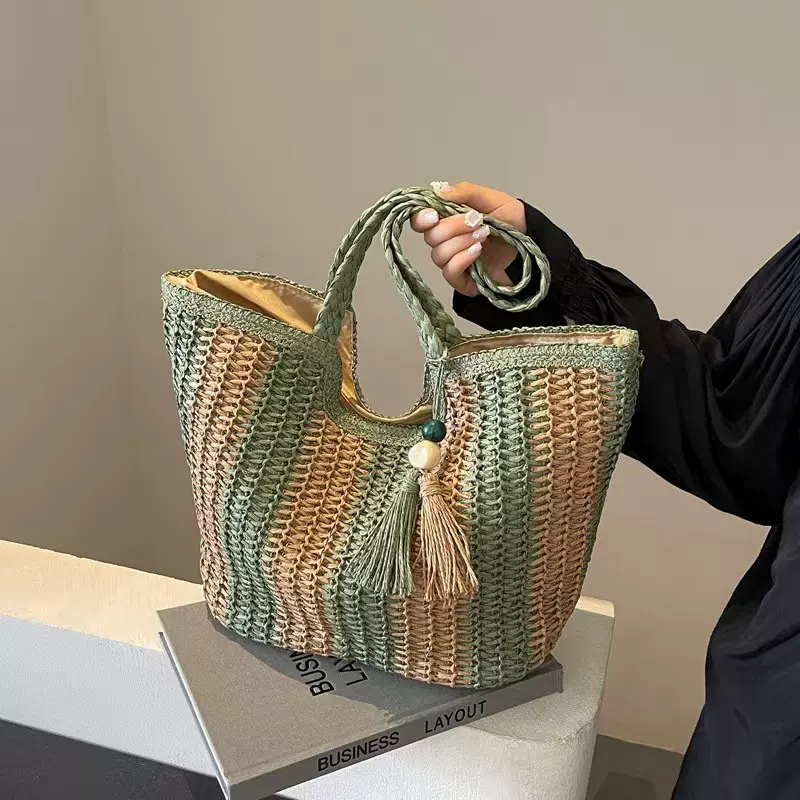 新款单肩条纹草编包大容量托特包女手提编织包草包海边度假沙滩包