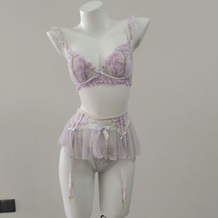 Women's New Flower Embroidered Underwear Underwire Transparent Mesh Sexy Underwear Set Garter Belt Mesh Push-Up Bra